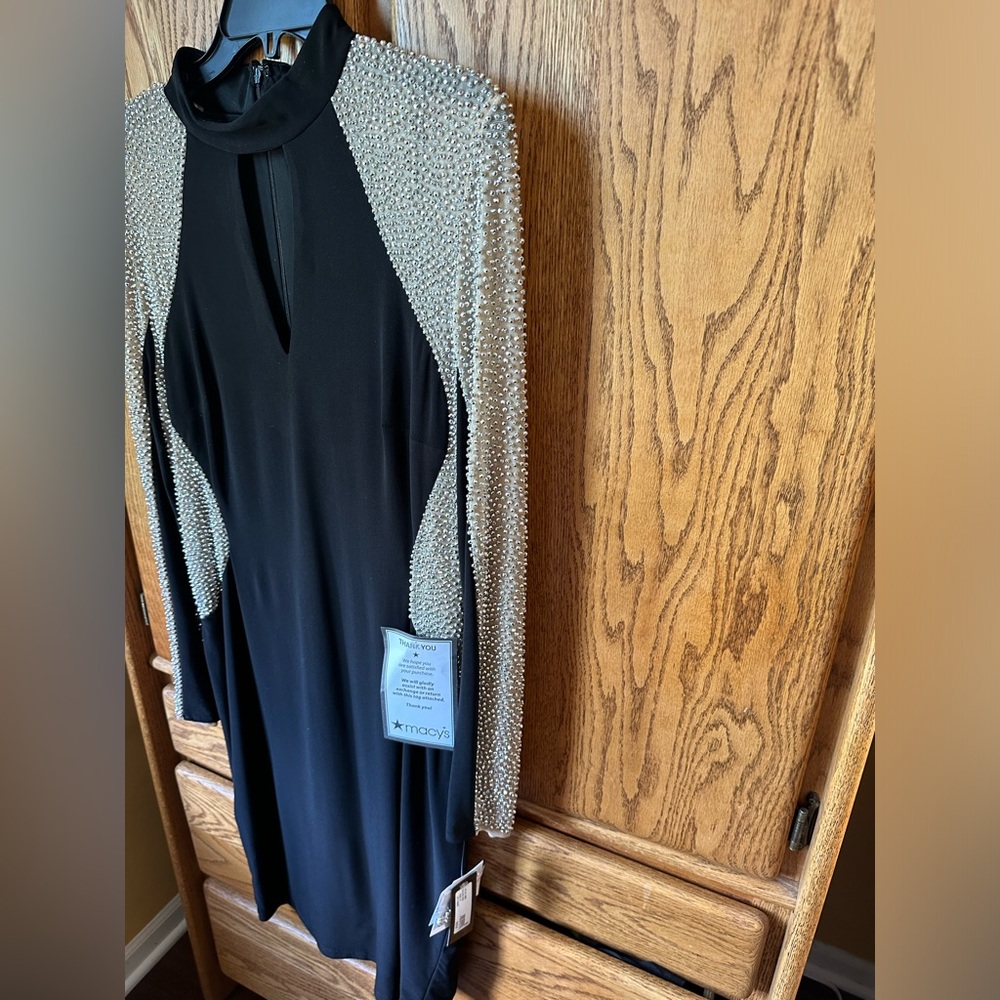 NWT Xscape Black Size 14 Long Sleeve Dress w/ Beading